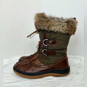 RUDSAK Shearling Lined Leather Winter Boots Rabbit Fur Trim Khaki Size 36 / US 6